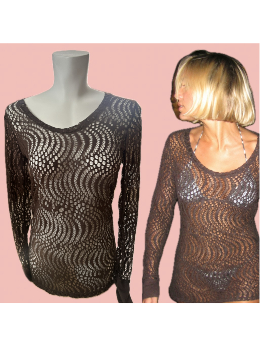 Deadstock Buckle B Brown Crochet Open Knit Long Sleeve Top – Size L